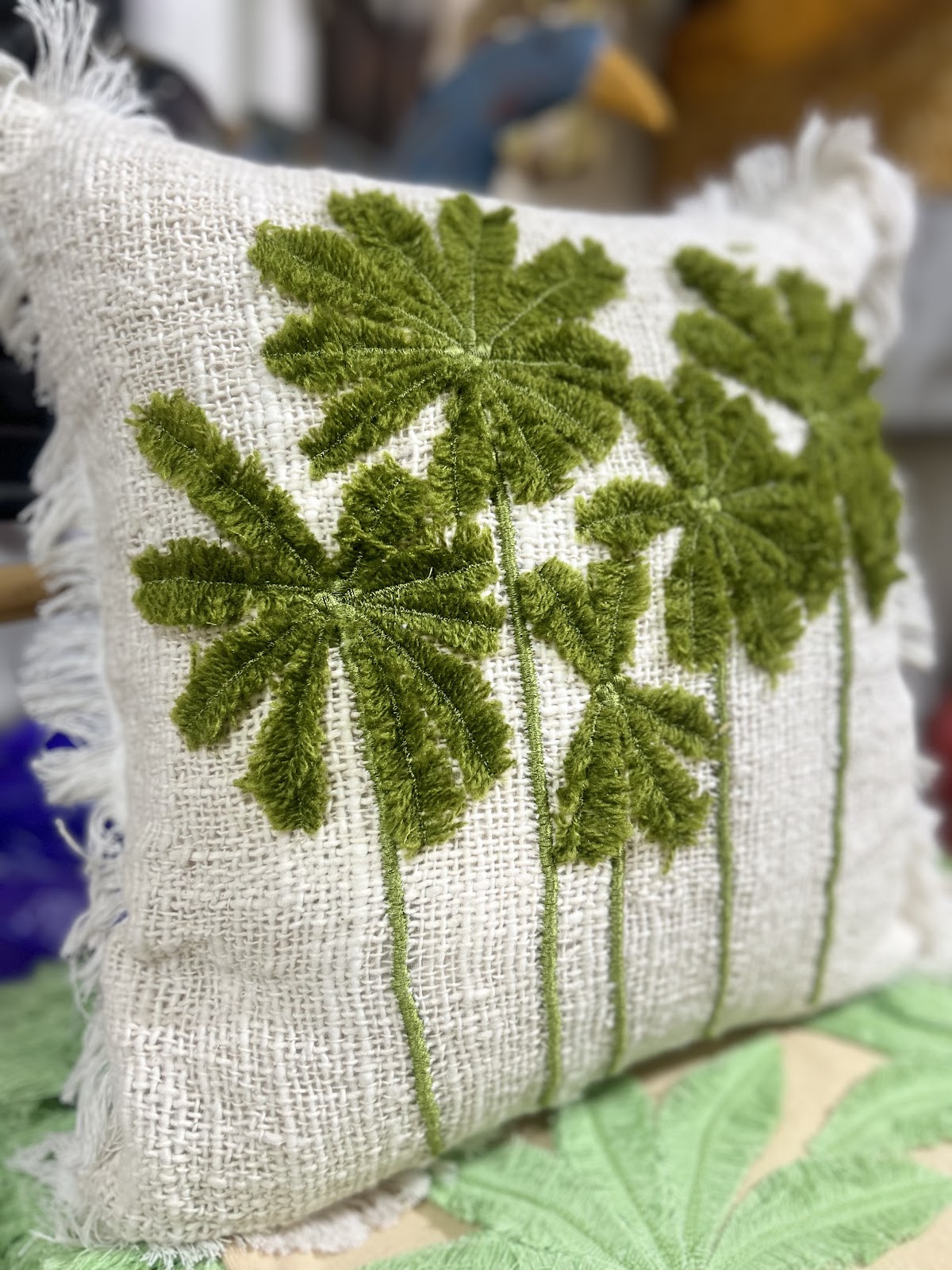 Bantal Tenun Pohon Kelapa Hijau Tufted Fringe